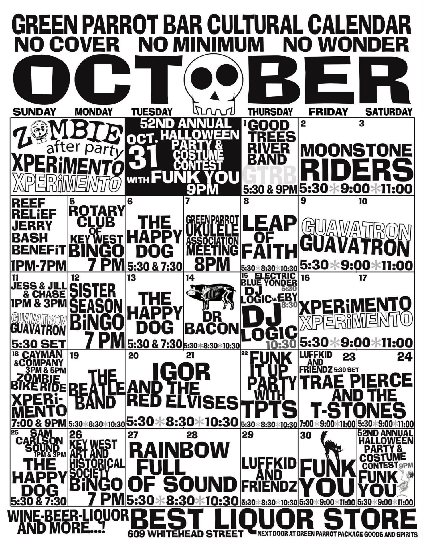 The Green Parrot Bar October cultural calendar poster