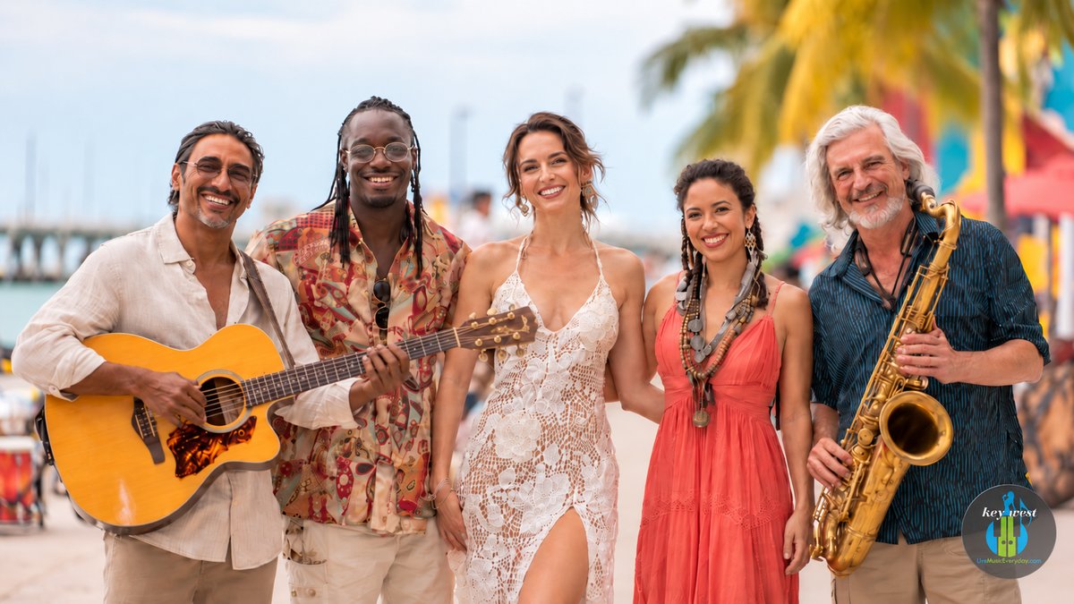 Five live musicians with a guitar and saxophone smiling on a Key West street, LiveMusicEveryDay.com logo in the corner