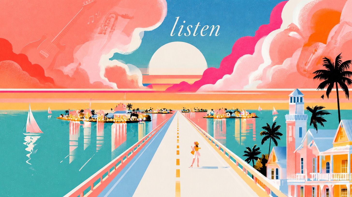Illustrated Overseas Highway at sunset leading to the Florida Keys, with a lighthouse, palm trees and guitar and sax shapes in the clouds.
